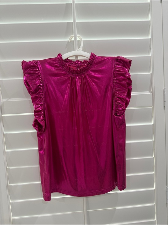 BiBi Tops - BiBi Fuchsia Metallic Ruffle Sleeve Top